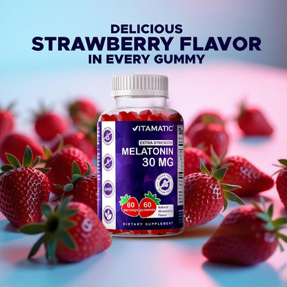Vitamatic Extra Strength Melatonin 30 mg, 60 Gummies | Natural Strawberry Flavor, Non-Habit Forming, Non-GMO, Gluten Free, Sugar Free, Pectin Based