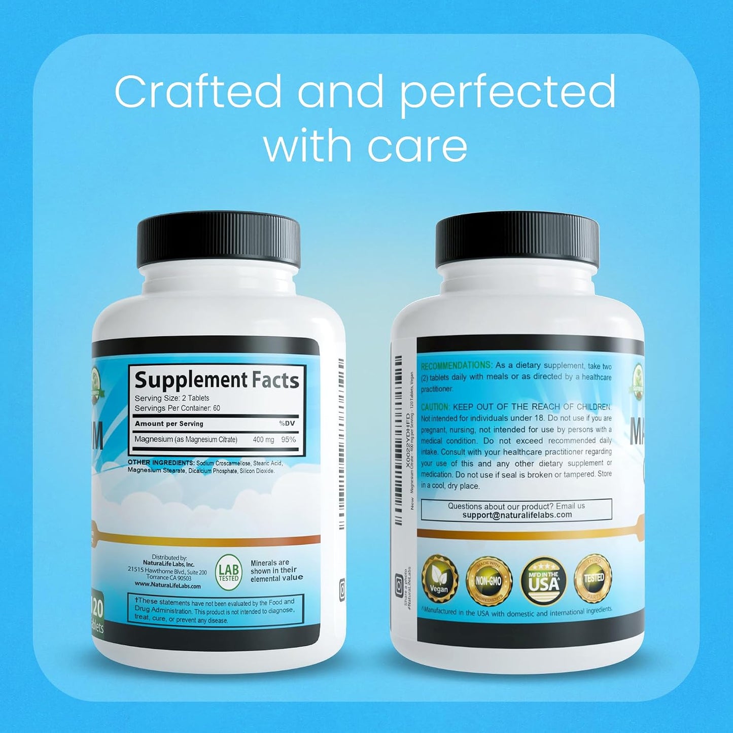 NaturaLife Labs Magnesium Citrate 400 mg per Serving – 120 Tablets, Vegan, Non-GMO