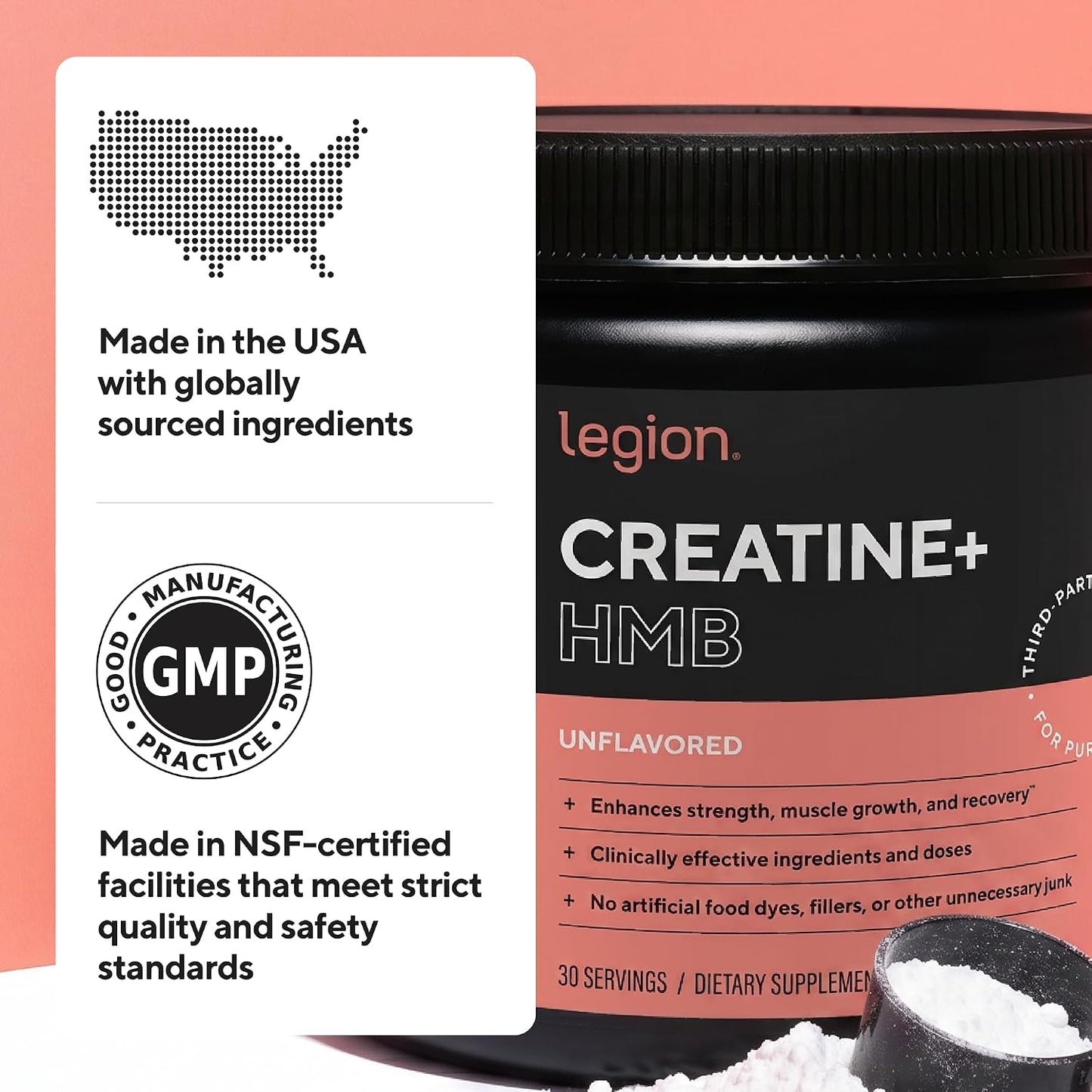 Legion Creatine HMB Powder – Micronized Creatine Monohydrate 5g with myHMB 2.5g – Unflavored Sports Nutrition Powder for Strength Training, Performance Support, and Post-Workout Recovery – 30 Servings