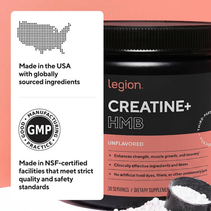 Legion Creatine HMB Powder – Micronized Creatine Monohydrate 5g with myHMB 2.5g – Unflavored Sports Nutrition Powder for Strength Training, Performance Support, and Post-Workout Recovery – 30 Servings