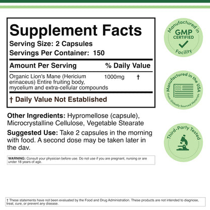 Organic Lions Mane Mushroom Capsules (120 Count), for Focus Support and Immune Health, Third Party Tested and Grown in The USA - by Double Wood