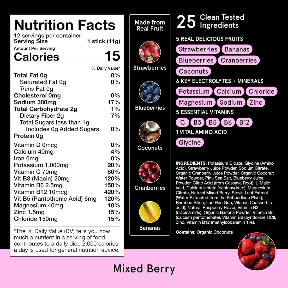 DryWater Electrolytes + Vitamins Hydration Packets, Mixed Berry 12 Pack
