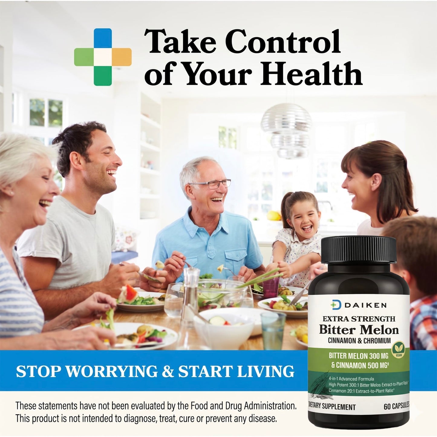 DAIKEN Bitter Melon, Cinnamon & Chromium, 100% Vegetarian Bitter Melon Capsules with Cinnamon Chromium & Zinc, 60 Capsules
