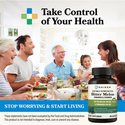 DAIKEN Bitter Melon, Cinnamon & Chromium, 100% Vegetarian Bitter Melon Capsules with Cinnamon Chromium & Zinc, 60 Capsules