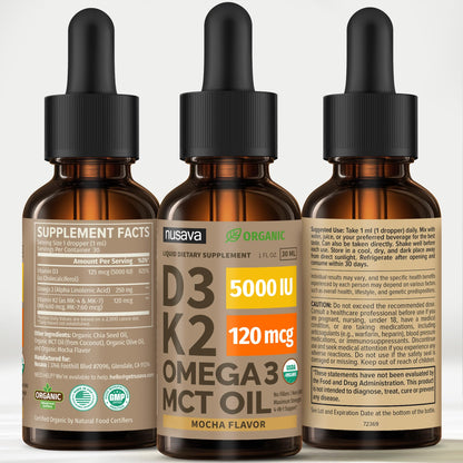 (2 Pack) Organic Vitamin D3 K2 Drops with MCT Oil & Omega 3 - Liquid Vitamin D3 5000 IU - K2 D3 Vitamin Supplement - Vitamin D Drops for Women & Men - No Fillers, Non-GMO, GMP, Unflavored (2 Fl Oz)