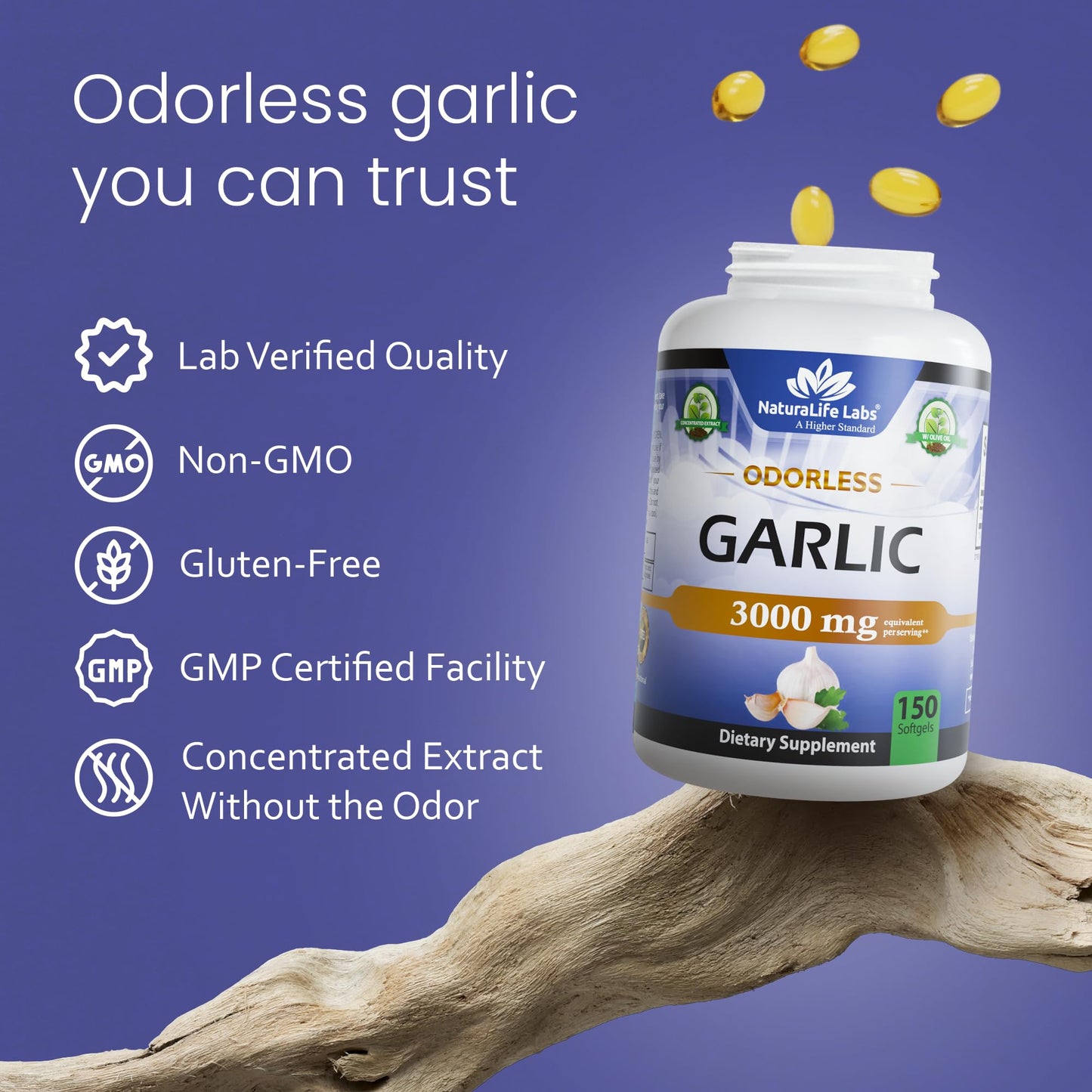 NaturaLife Labs Odorless Garlic – Concentrated 100:1 Garlic Extract with Olive Oil – 150 Softgels – Non-GMO, Gluten-Free