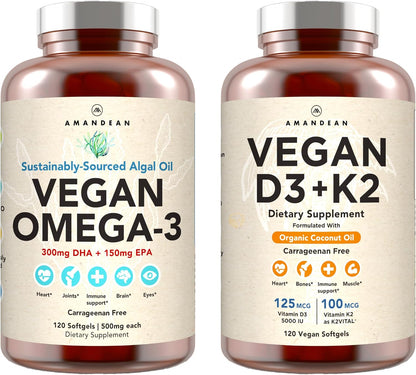 Vegan Powerhouse Combo. Omega-3 from Algal Oil & Vitamin D3 + K2. Plant-Based 5000 iu VIT D from Algae. 100 mcg All-Trans MK-7 Vita K. Carrageenan Free Veggie Softgels.
