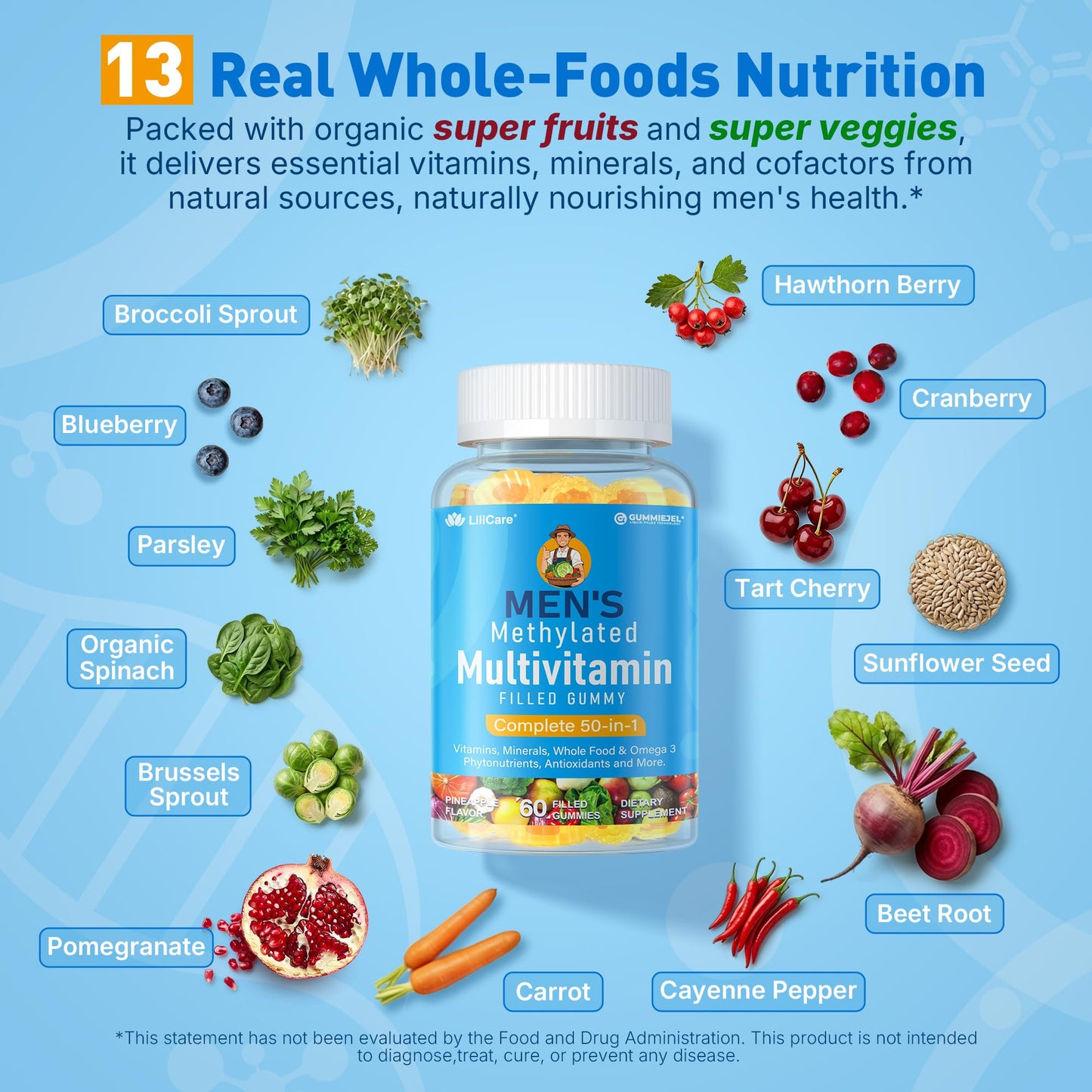 Methylated Multivitamin for Men Gummies + Omega-3, Supergreens, Lycopene, Methylfolate & B12, D3 K2, Vitamin A, C, E, B Complex for Methylation, Nutrition Gaps, Focus, Energy, Vegan, Sugar Free, 60 Cs