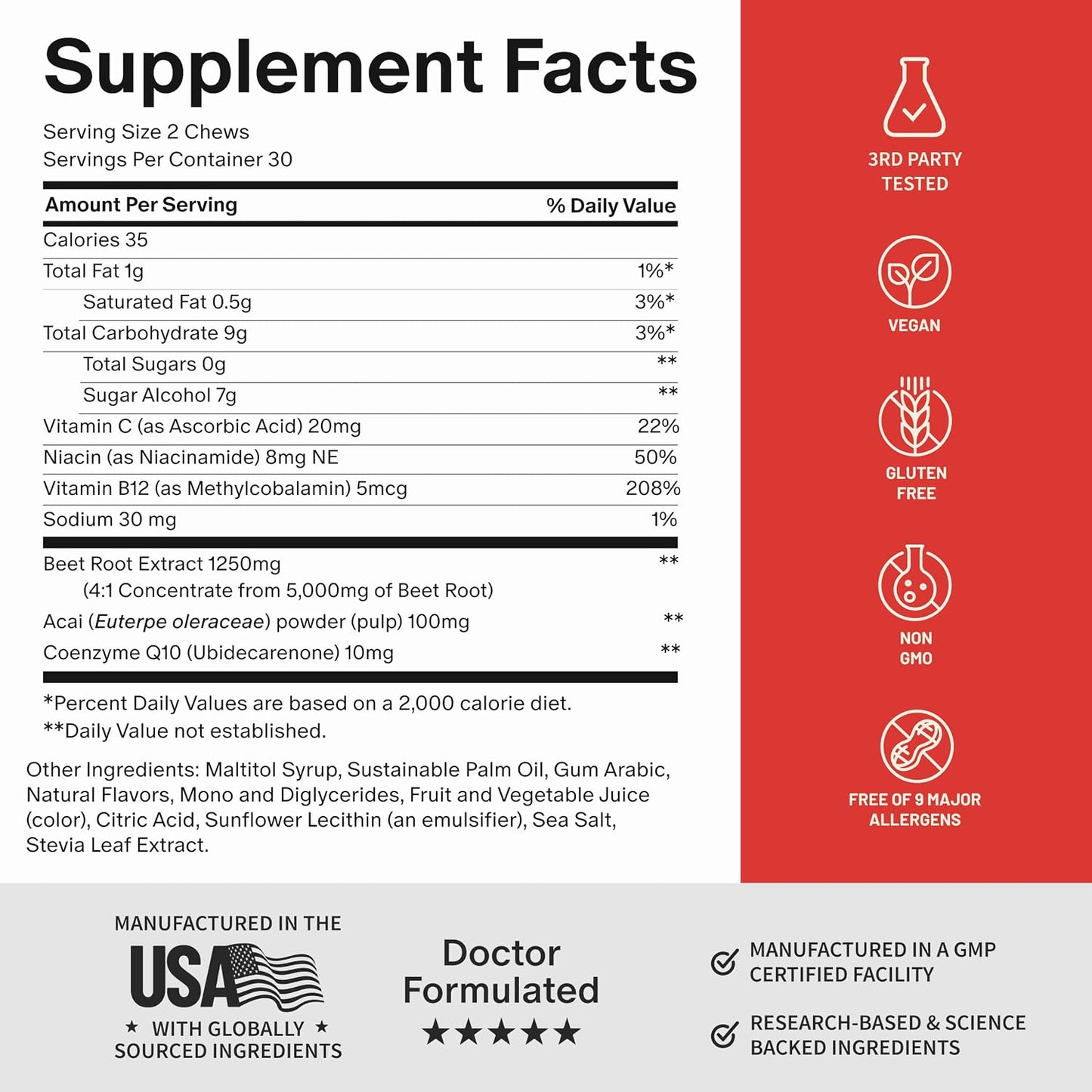 Snap Supplements Nitric Oxide Beet Root Chews, Mixed Berry, 60 Soft Chews | 1,250mg Beet Root Extract per 2 chews CoQ10 & Acai for Cardiovascular, Clean Energy, & Circulation Support, Sugar-Free, Vegan