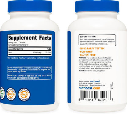 Nutricost Biotin (Vitamin B7) 10,000mcg (10mg) Vitamin Supplement, 240 Capsules - Vegetarian, Gluten Free, Quick Release, Non-GMO