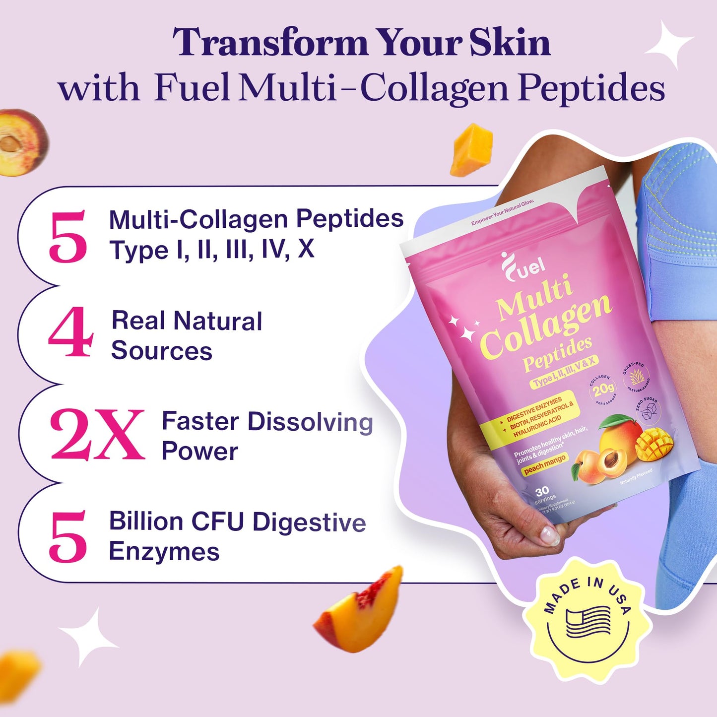 Fuel Multi Collagen Peptides Powder – 20g Hydrolyzed Collagen Types I, II, III, V & X – Hair, Skin, Nails & Joint Support – Keto & Gluten Free – Unflavored – 40 Servings (16.64oz)