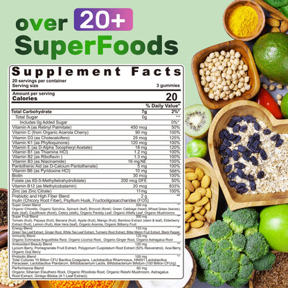 Super Greens Multivitamin Gummies, Greens Superfood Gummies w/Spirulina, Chlorella, Multivitamins, Prebiotic Fiber, Adaptogens, Adults Vitamins for Gut Health, Immunity, Focus & Energy, 120Cts