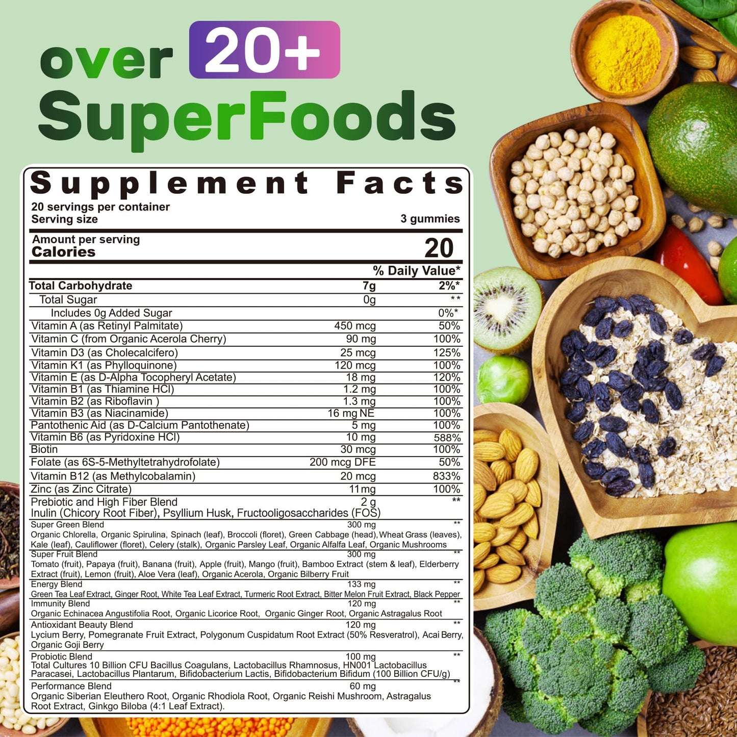 Super Greens Multivitamin Gummies, Greens Superfood Gummies w/Spirulina, Chlorella, Multivitamins, Prebiotic Fiber, Adaptogens, Adults Vitamins for Gut Health, Immunity, Focus & Energy, 120Cts