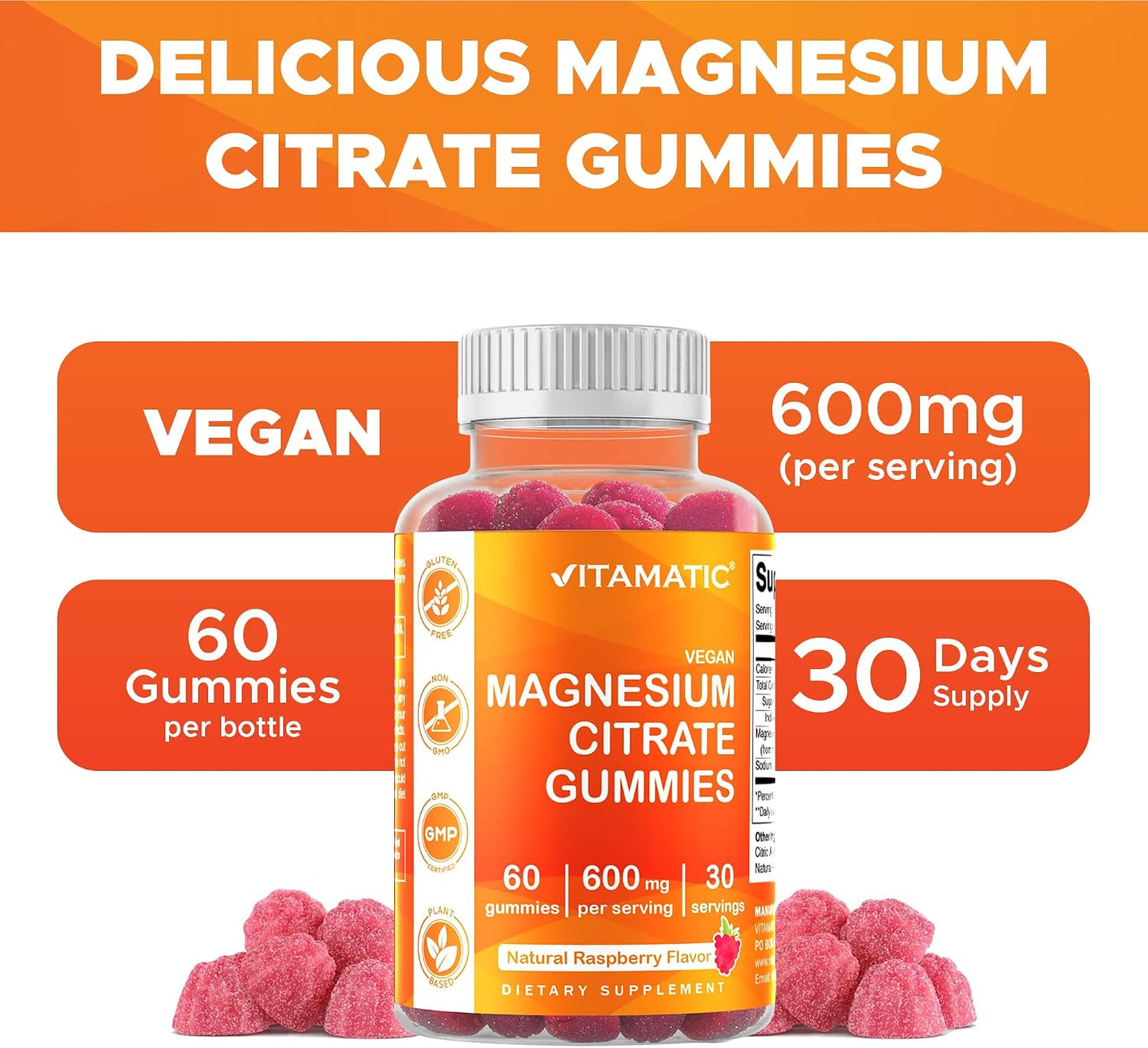 Vitamatic Magnesium Citrate Gummies, 600 mg, 60 Vegan Gummies | 600 mg Magneisum Citrate Per Serving with 70 mg of Elemental Mg, Natural Raspberry Flavor, Non-GMO, Gluten Free, Pectin Based