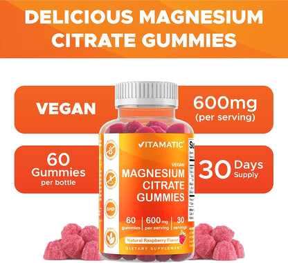 Vitamatic Magnesium Citrate Gummies, 600 mg, 60 Vegan Gummies | 600 mg Magneisum Citrate Per Serving with 70 mg of Elemental Mg, Natural Raspberry Flavor, Non-GMO, Gluten Free, Pectin Based