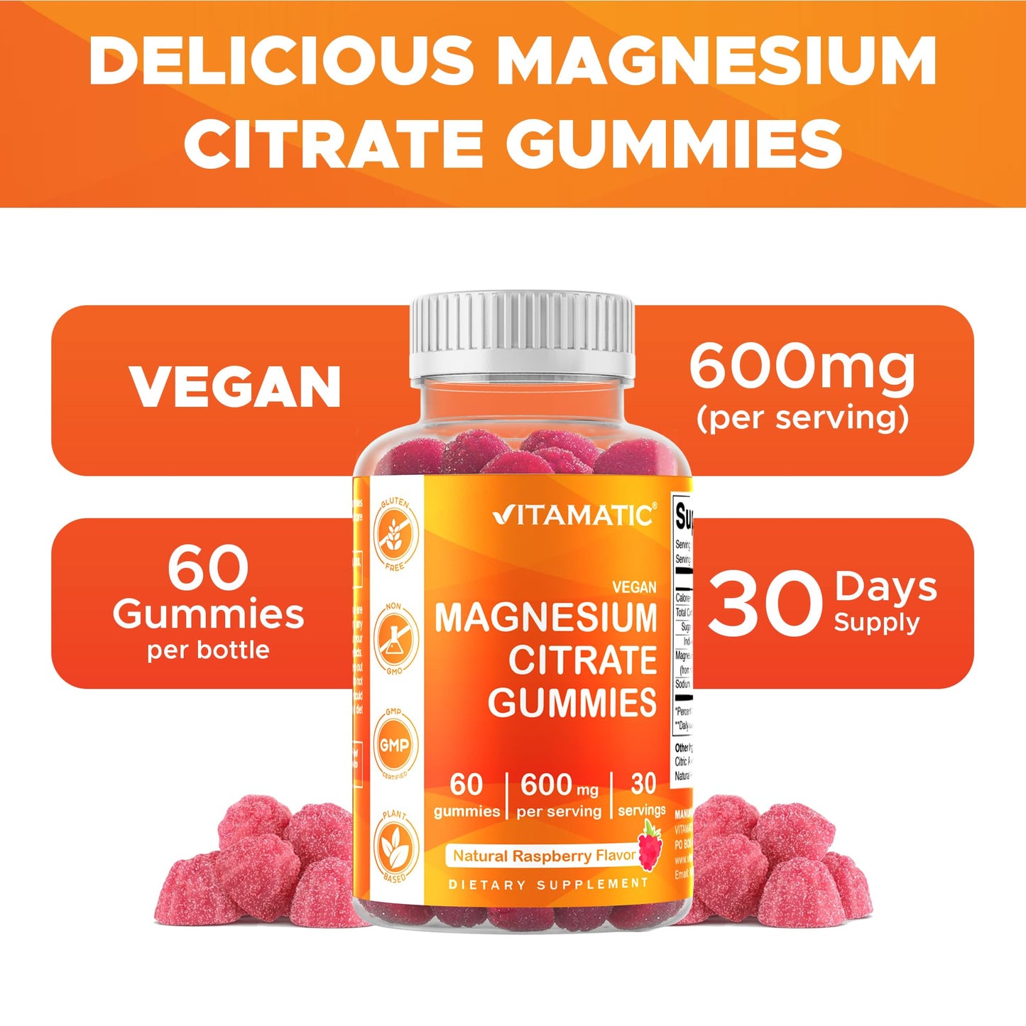 Vitamatic Magnesium Citrate Gummies, 600 mg, 60 Vegan Gummies | 600 mg Magneisum Citrate Per Serving with 70 mg of Elemental Mg, Natural Raspberry Flavor, Non-GMO, Gluten Free, Pectin Based