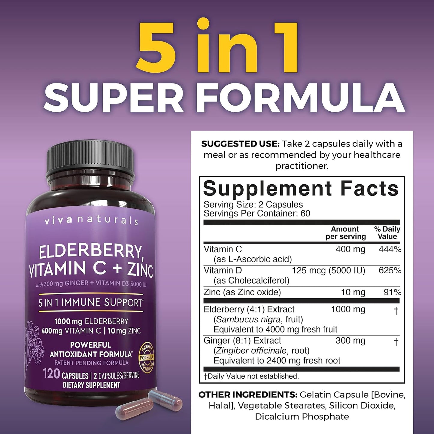 Viva Naturals Elderberry with Vitamin C and Zinc for Adults - 5 in 1 Sambucus Black Elderberry Capsules with Vitamin D3 5000 IU Immunity Supplement, Sambucus Elderberry Immune Support Supplement