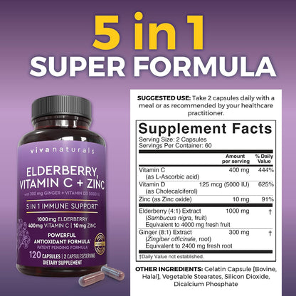 Viva Naturals Elderberry with Vitamin C and Zinc for Adults - 5 in 1 Sambucus Black Elderberry Capsules with Vitamin D3 5000 IU Immunity Supplement, Sambucus Elderberry Immune Support Supplement