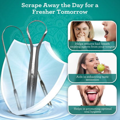 GuruNanda Stainless Steel Tongue Scraper (Pack of 2), Fight Bad Breath, Medical Grade 100% Stainless Steel Tongue Cleaner, Tongue Scraper For Adults and Kids, Great For Oral Care, Travel Friendly