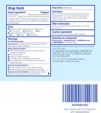 Boiron Arnicare Gel 4.2 oz (Twin Pack) for Joint Pain Relief, Muscle Pain, Muscle Soreness, and Swelling from Bruises or Injury - Non-Greasy and Fragrance-Free Arnica