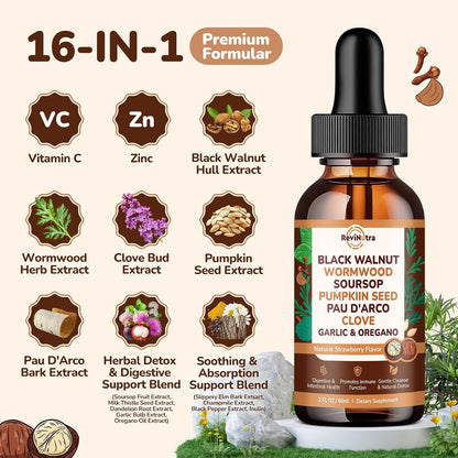 16 in 1 Wormwood Black Walnut Clove Cleanse for Humans Liquid Drops with Soursop Oil of Oregano Pumpkin Seed PAU D’arco Garlic for Gut Cleanse & Digestive Health, Strawberry Flavor 2 Fl Oz