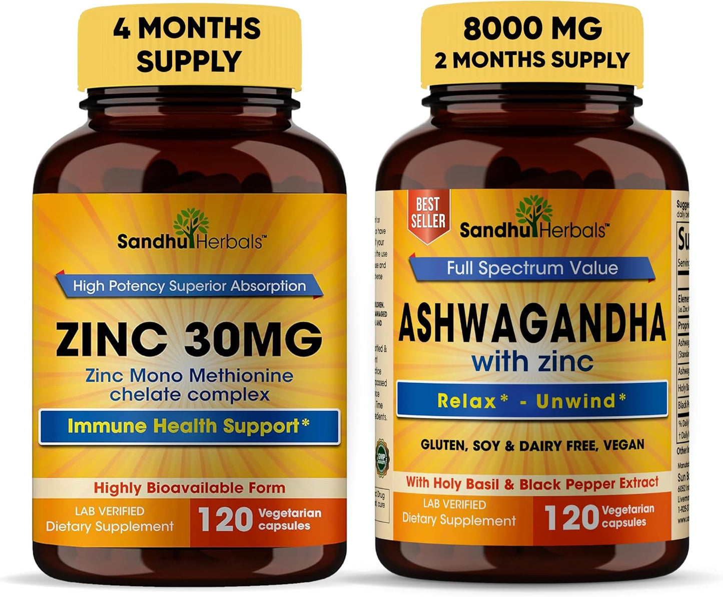 Sandhu Herbals Zinc Supplement and Organic 4 in 1 Ashwagandha Capsules with Zinc| Supports Healthy Skin, Immune System| Non-GMO