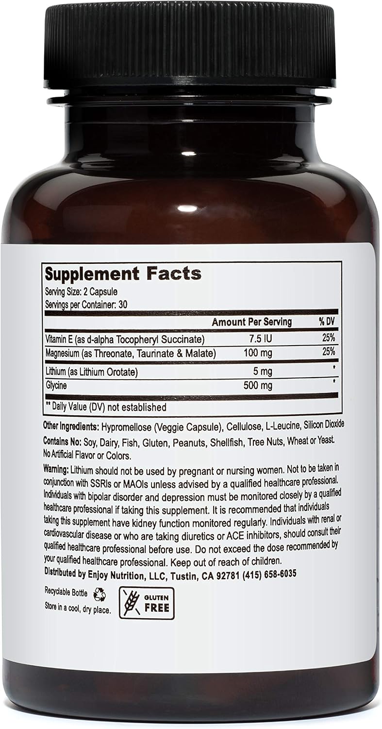 Lithium Orotate 5mg + Tri-Magnesium Threonate, Taurinate, Malate + Glycine + Vitamin E, 60 Vegetarian Capsules
