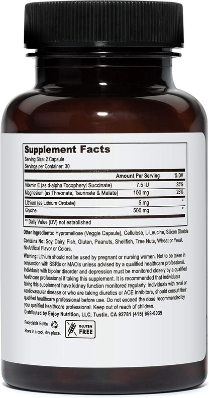 Lithium Orotate 5mg + Tri-Magnesium Threonate, Taurinate, Malate + Glycine + Vitamin E, 60 Vegetarian Capsules