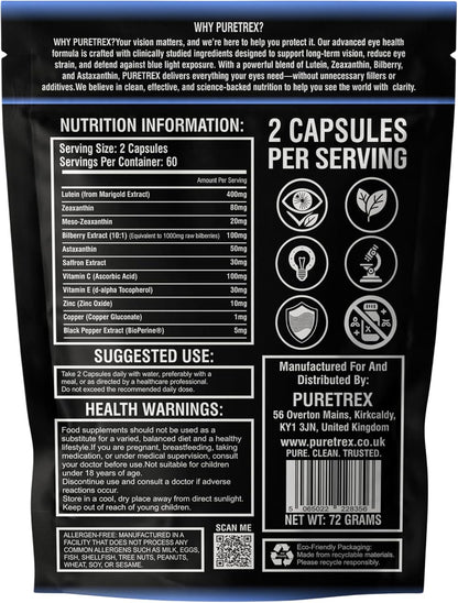EyeShield 360 Eye Supplements for Adults Over 50, 120 Vegan Capsules with Lutein Zeaxanthin Astaxanthin Bilberry Saffron, Vision Supplement, Eye Support Formula with BioPerine, Made in UK