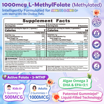 L-Methylfolate 1000 mcg + Methyl B12 Gummies for Kids & Adults - Active 5-MTHF, w/Omega-3 DHA & EPA(3:1), Choline & TMG, B6, Supports MTHFR Gene, Brain, Energy & Methylation, Sugar free, 60 Cts