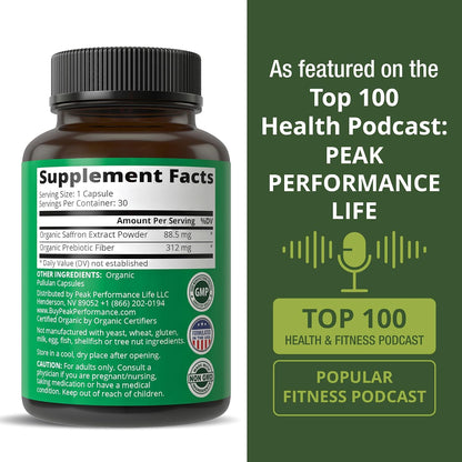 Saffron Supplements - USDA Organic Saffron Extract Capsules for Women, Men, and Kids. with Organic Prebiotic Fiber Instead of Filler. Pure and Natural for Mood, Brain, Focus, Cravings, PMS