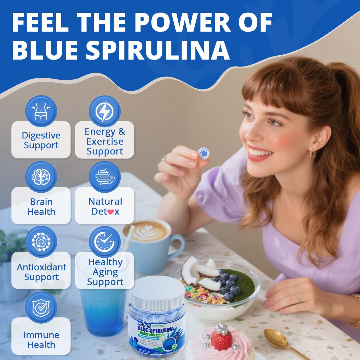 Organic Blue Spirulina Gummies, High Phycocyanin from Nutrient-Rich Blue-Green Algae for Antioxidants, Cellular Energy & Cleanse, Superfood w/Chlorella, CoQ10 & VC,Taurine,Green Tea, Sugar Free, 60 Ct