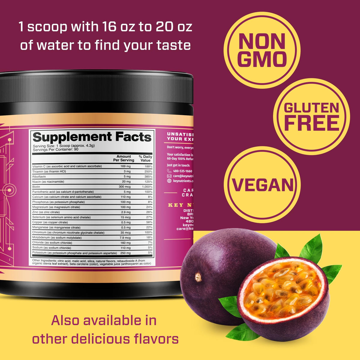 KEY NUTRIENTS Multivitamin Electrolytes Powder No Sugar - Delicious Passion Fruit