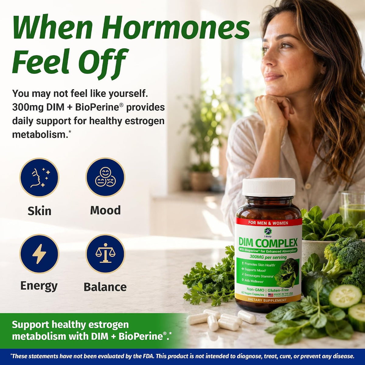DIM Complex 300mg with BioPerine Supports Hormone Balance 60 Vegan Capsules
