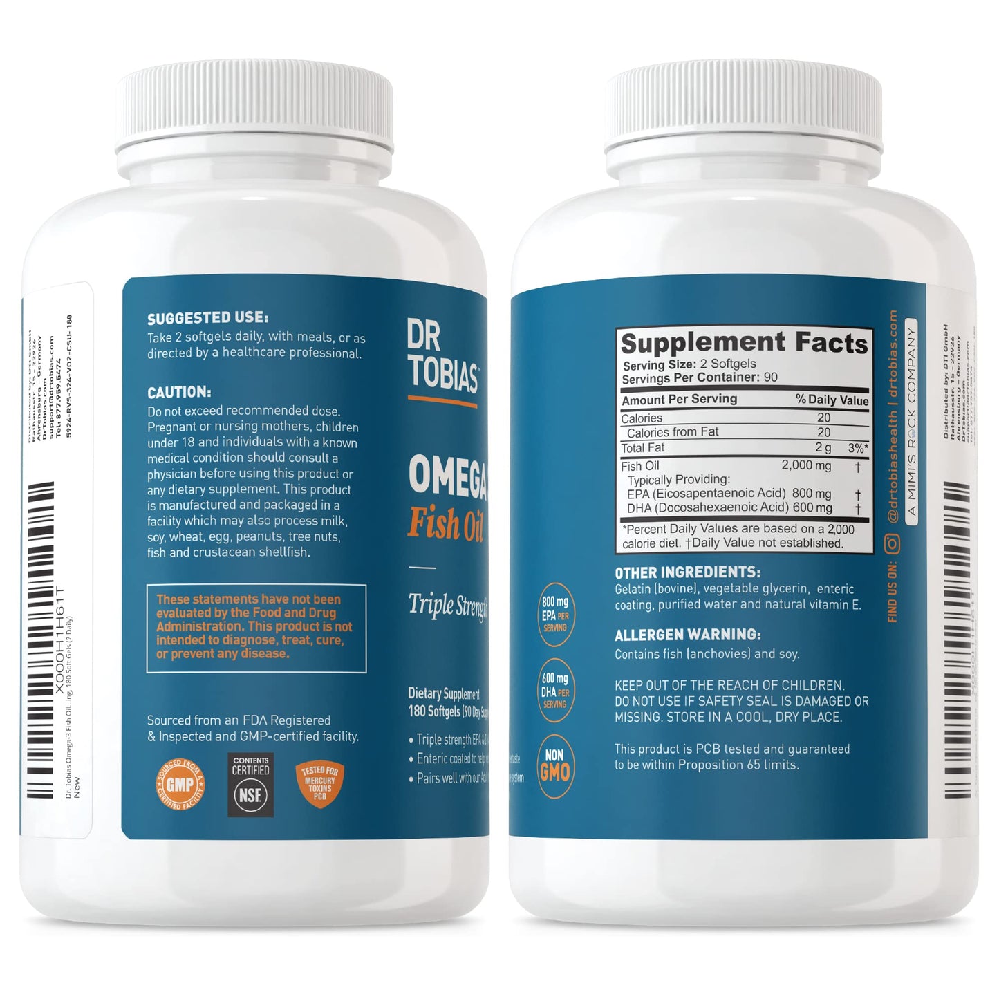 Dr. Tobias Omega 3 Fish Oil 2000mg Triple Strength | 180 Softgels | Heart, Brain & Joint Support | 2,000 mg Fish Oil | 800 mg EPA + 600 mg DHA | Delayed Release Omega 3 Supplement | 90 Servings