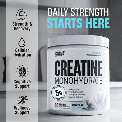 Nutrex Research Essentials Creatine Monohydrate Powder, 5g Micronized Creatine per Scoop, Unflavored, 60 Servings, Gluten Free, Supports Strength, Recovery, and Cognitive Function