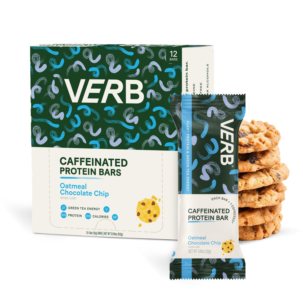 Verb Energy - Oatmeal Chocolate Chip Caffeinated Protein Bars - 190-Calorie 6g Sugar 10g 
