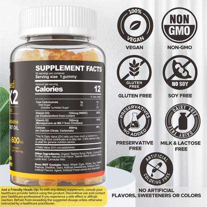 Vitamin D3 K2 Gummies - Vitamin D3 5000iu & K2 Vitamin 200mcg + Calcium 600mg for Adults & GLP-1 Friendly, with Coconut Oil for High Absorption, Support for Bone Muscle Teeth Immune, Vegan 120Count