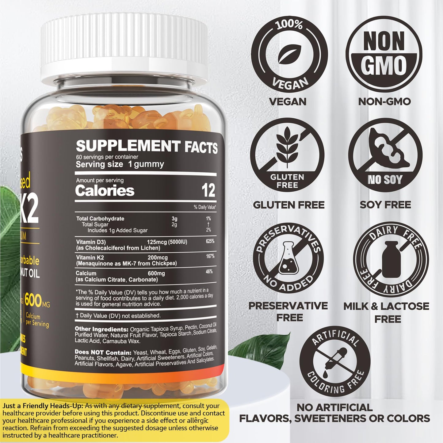Vitamin D3 K2 Gummies - Vitamin D3 5000iu & K2 Vitamin 200mcg + Calcium 600mg for Adults & GLP-1 Friendly, with Coconut Oil for High Absorption, Support for Bone Muscle Teeth Immune, Vegan 120Count