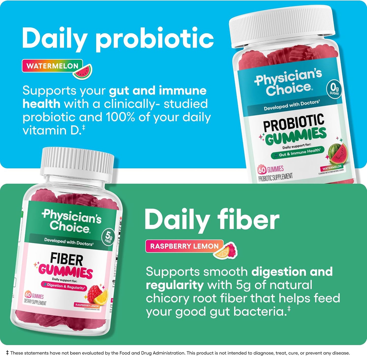Physician's CHOICE Gut Gummy Bundle: Probiotic Gummies + Fiber Gummies - No Sugar Added & Vegan - Supports Digestive Health & Regularity for Women and Men