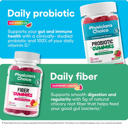 Physician's CHOICE Gut Gummy Bundle: Probiotic Gummies + Fiber Gummies - No Sugar Added & Vegan - Supports Digestive Health & Regularity for Women and Men