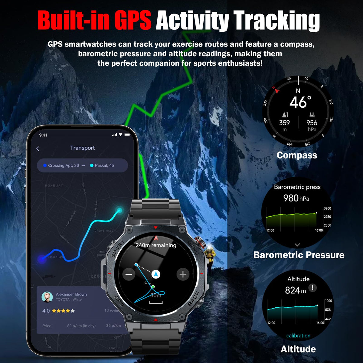 Jugeman Military Smart Watch for Men, Dual-Band GPS, 1.43" AMOLED Outdoor Smartwatch, 5ATM Waterproof Fitness Watch with Bluetooth Calls, Heart Rate/Sleep Monitor/Compass 160+ Sports for Android iOS
