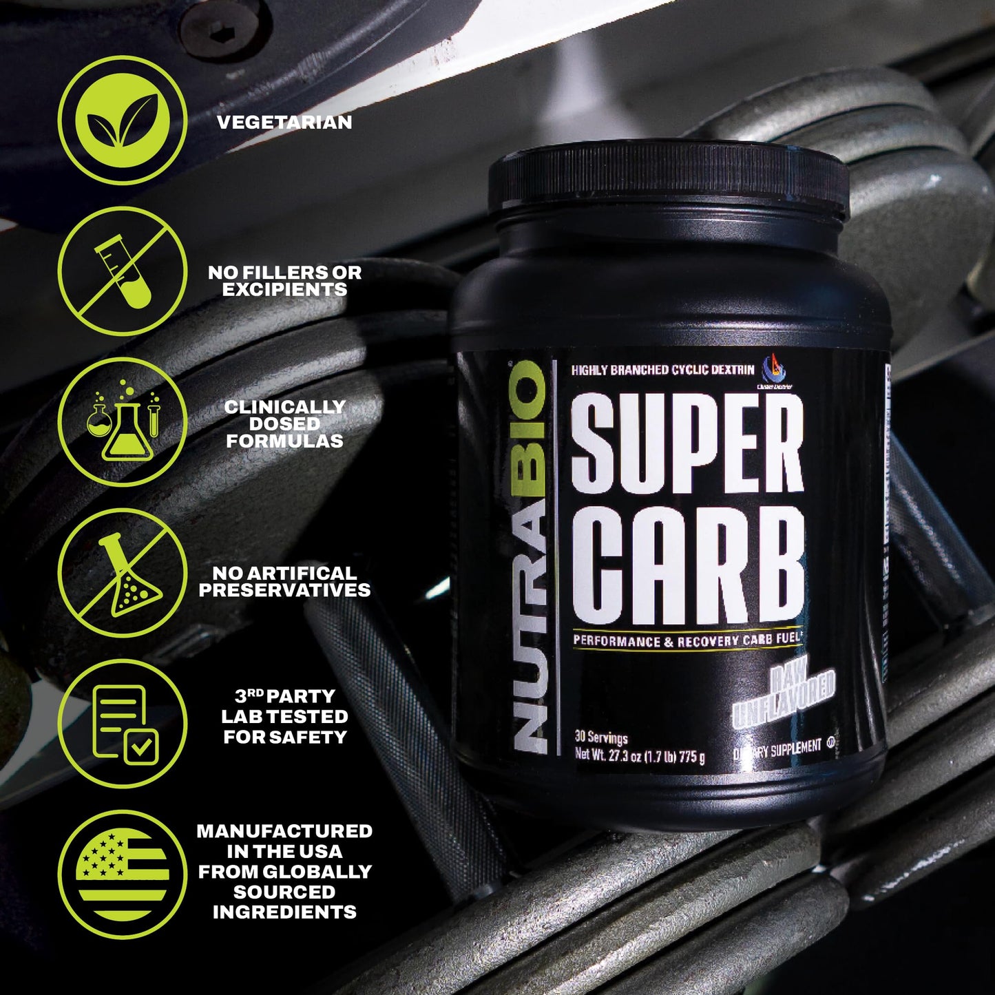 NutraBio Super Carb, Carbohydrate Powder with Cluster Dextrin & Electrolytes, Advanced Carb Supplement Powder for Workout Fuel, Performance, and Muscle Recovery, Cyclic Dextrin, Unflavored, 30 Sv