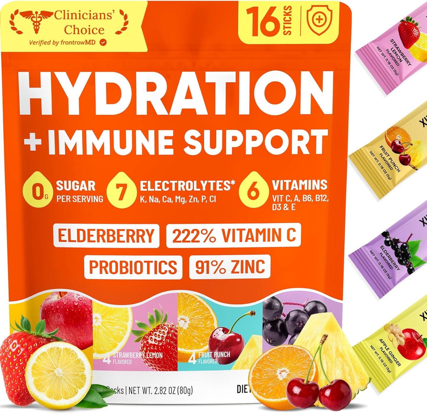 Venture Pal Sugar Free Hydration Packets+Immune-Liquid Daily IV Drink Mix | Electrolyte Powder with 7 Electrolytes & 6 Vitamins, Probiotics + Elderberry | Non-GMO, Keto Friendly, Vegan | 16 Sticks