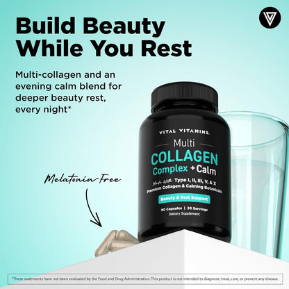 Vital Vitamins Multi Collagen Complex + Calm with Ashwagandha, 90 Capsules | Melatonin-Free Relaxation, 5 Collagen Types I, II, III, V & X with L-Theanine, Ashwagandha, GABA & Magnesium Glycinate