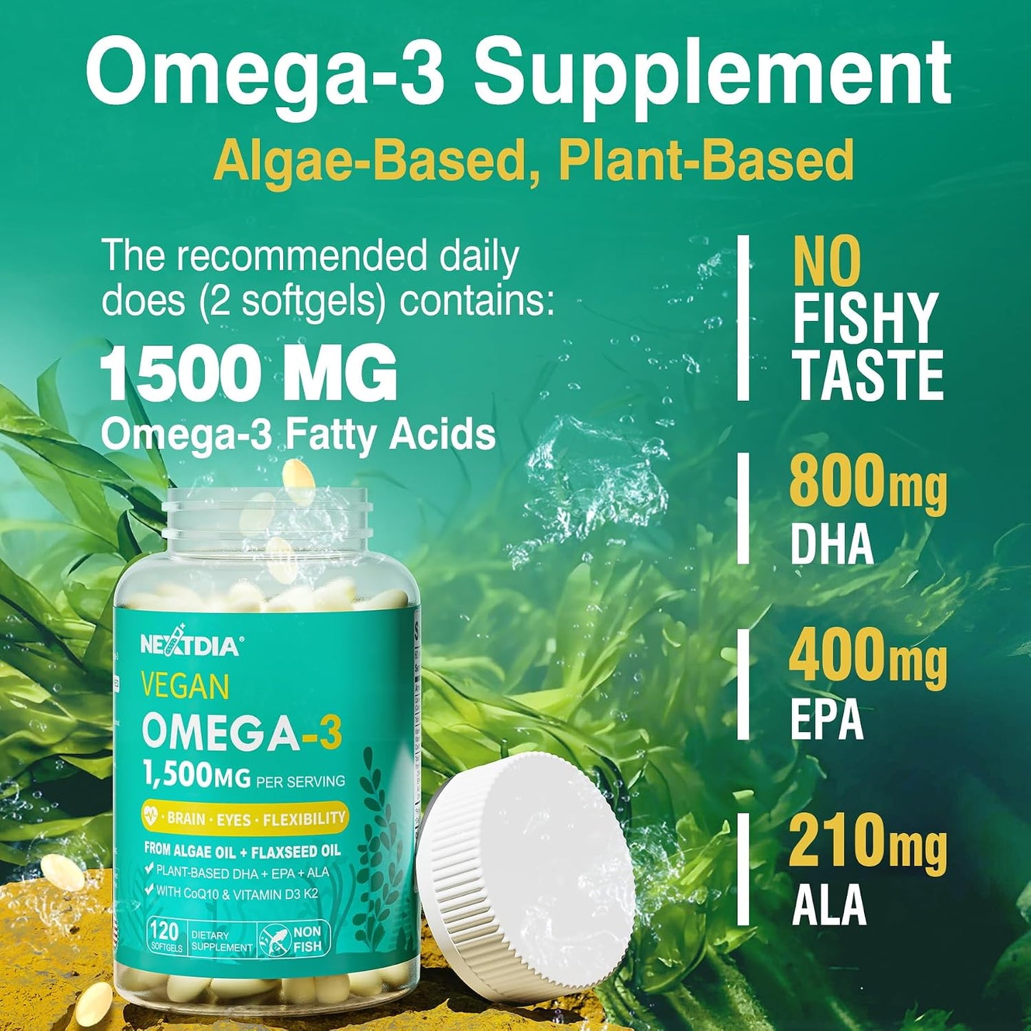 Vegan Omega 3 EPA DHA ALA Supplement + CoQ10, Vitamin D3 K2 (MK7) for Women Men | 1500mg Algae Oil as Fish Oil Alternative | Plant Based Omega 3 Mini Softgels for Bone, Brain, Eye, Skin | 120 Pills