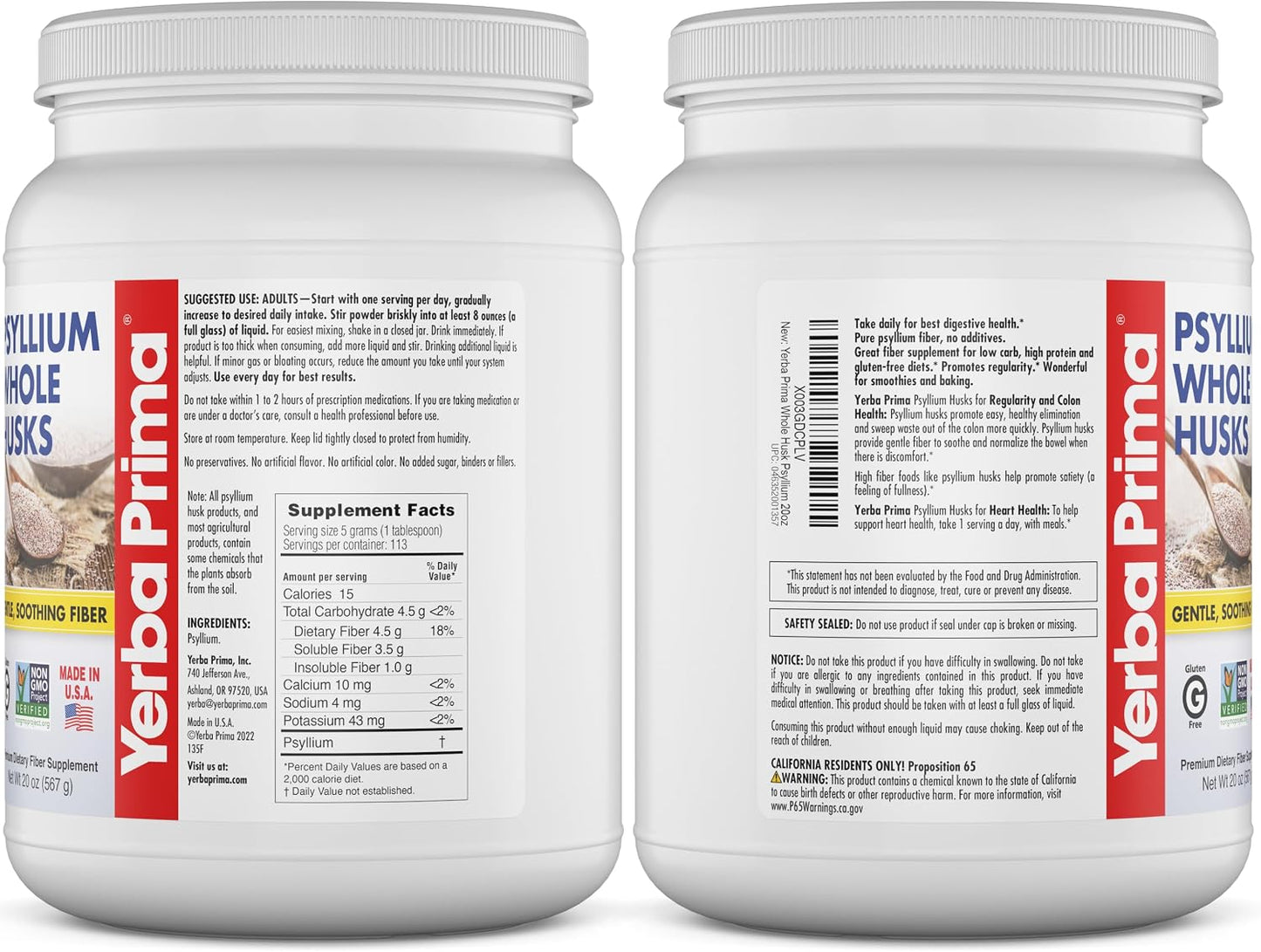 Yerba Prima Psyllium Whole Husks Fiber Supplement 20oz - Colon Cleanse - Gut Health - Vegan Non-GMO Gluten Free