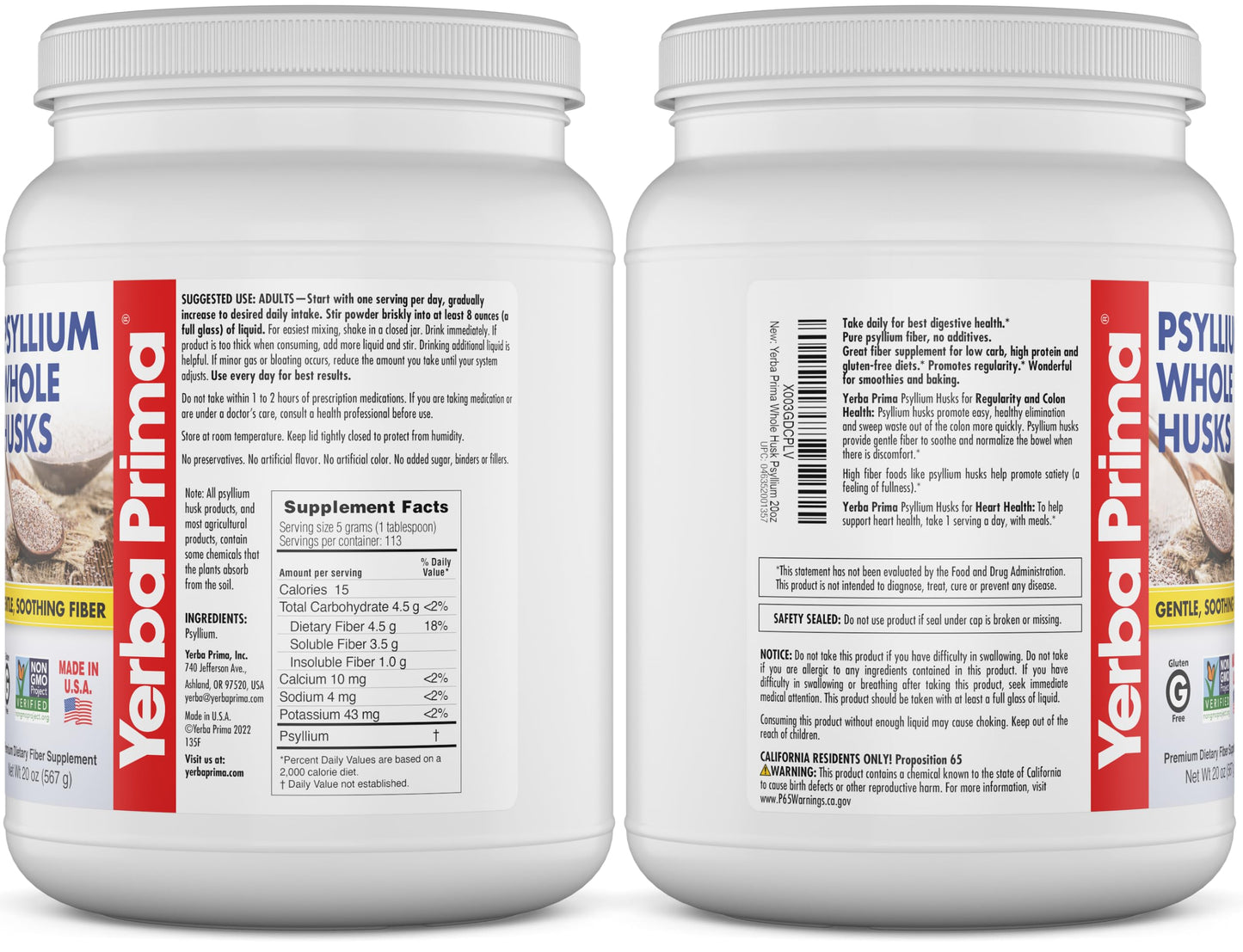 Yerba Prima Psyllium Whole Husks Fiber Supplement 20oz - Colon Cleanse - Gut Health - Vegan Non-GMO Gluten Free