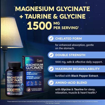 Magnesium Glycinate - Sleep & Relaxation Support - Extra Strength Glycinate, Glycine & Taurine 1500 mg - Magnesium Supplement for Women & Men - Chelated & High Absorption - Lab Tested - 120 Capsules