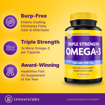 InnovixLabs Triple Strength Omega 3 Supplement, Burpless Fish Oil for Women and Men - 900 mg EPA & DHA, Brain & Joint Support, Award Winning & Third-Party Tested, 30 Softgels